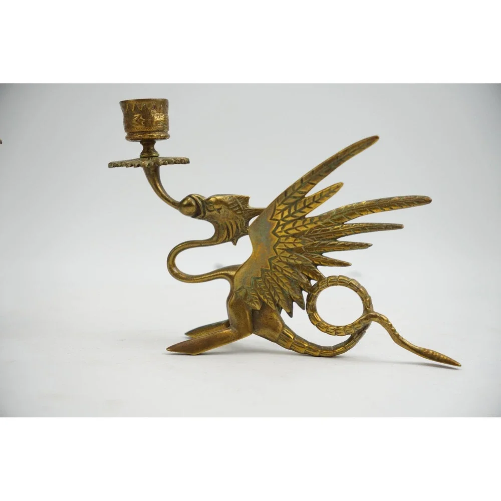 Vintage Brass Dragon Griffin Candle Holders Pair Mythical Winged Figures Good